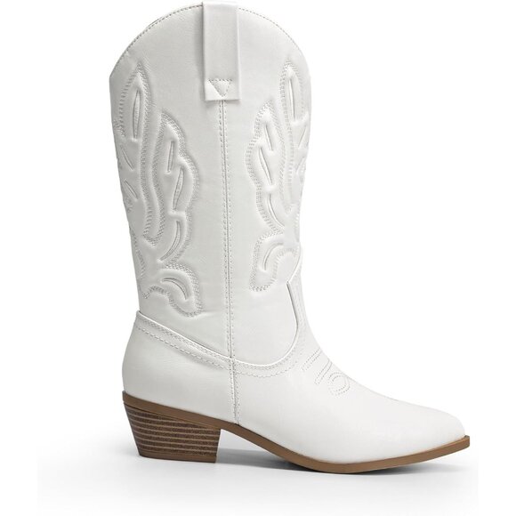 Women's White-pu Mid Calf Western Embroidery Stitched Faux Leather Cowgirl Boots - Picture 2 of 7